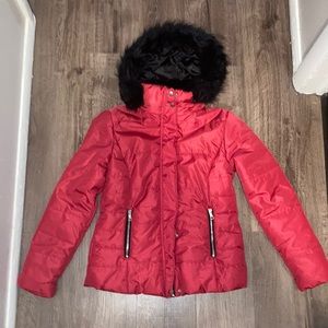 Red Puffer Coat with Fur Hood